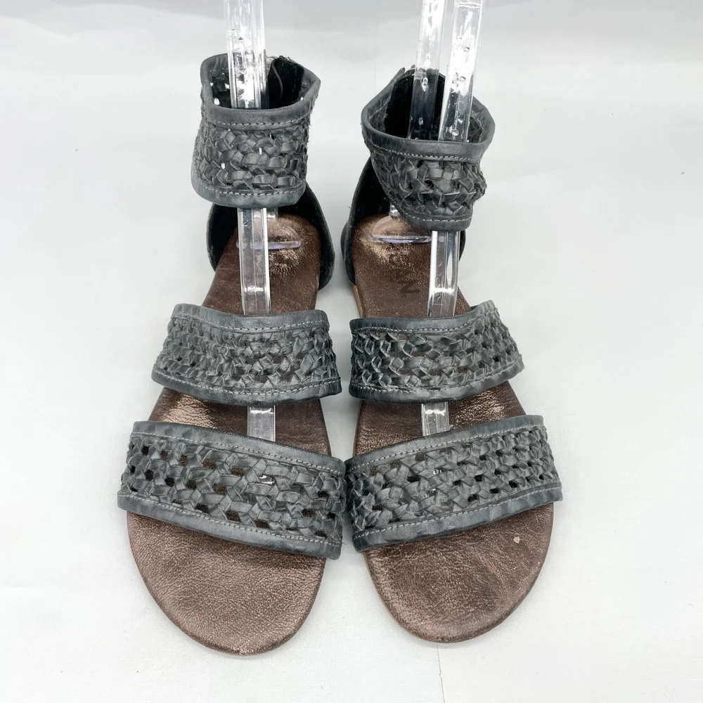 ROAN Bed Stu Womens 10 Clio Sandals Black Woven Leather Gladiator Zip Flats Boho